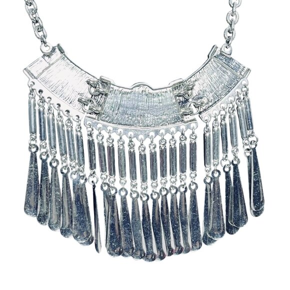 Silver Tone Statement Necklace W/Blue/Green Cabochon And Dangling Fringe (5533) - Picture 6 of 6